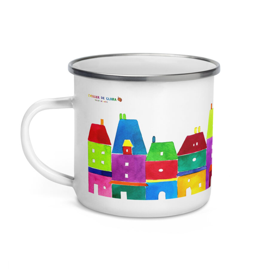 Taza esmaltada de casitas de colores